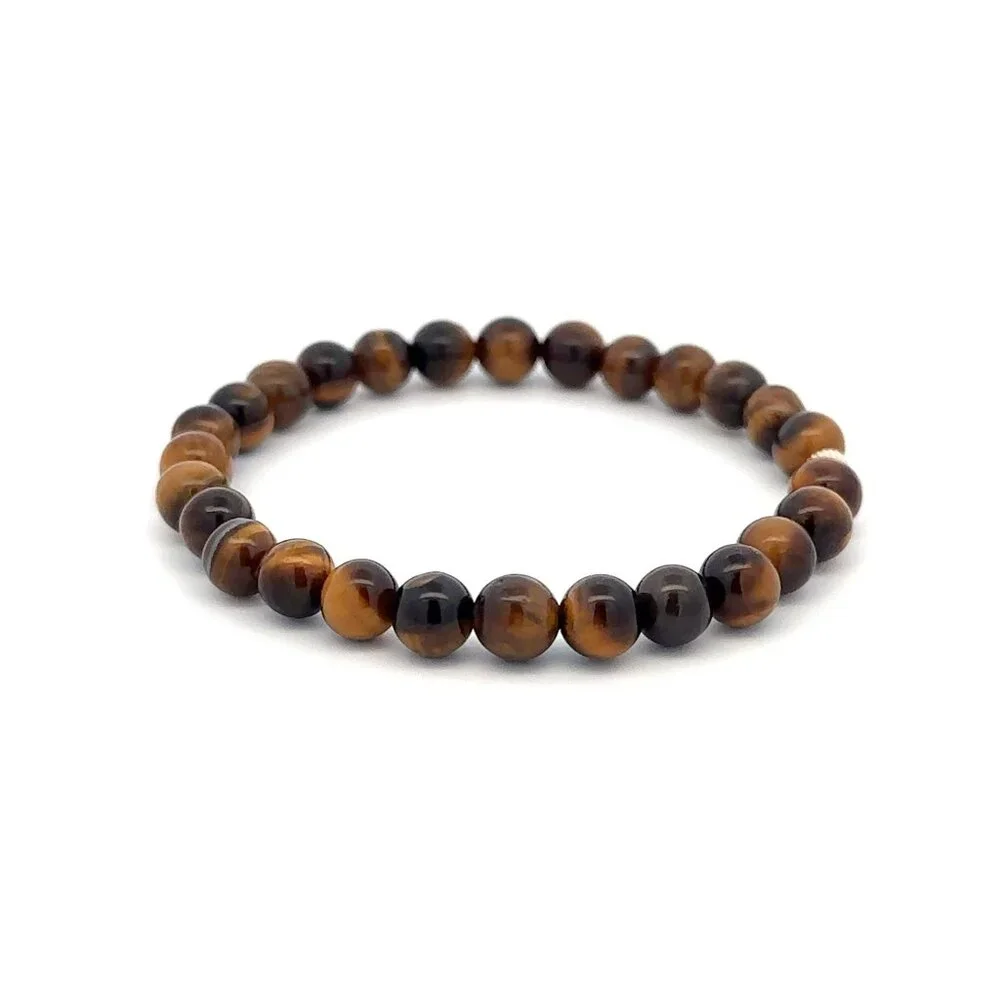 Gemstones Tiger's Eye 6mm Stretchable Bracelet 14k Gold Corrugated Bead Charm - Picture 5 of 6
